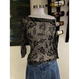 The Limited Sheer Mesh Off Shoulder Floral Chevron Top Brown Black Small